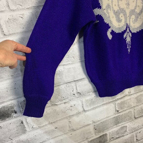 Vintage 80s Jaclyn Smith Blue Silver Metallic Beaded Embellished Sweater - Picture 5 of 14